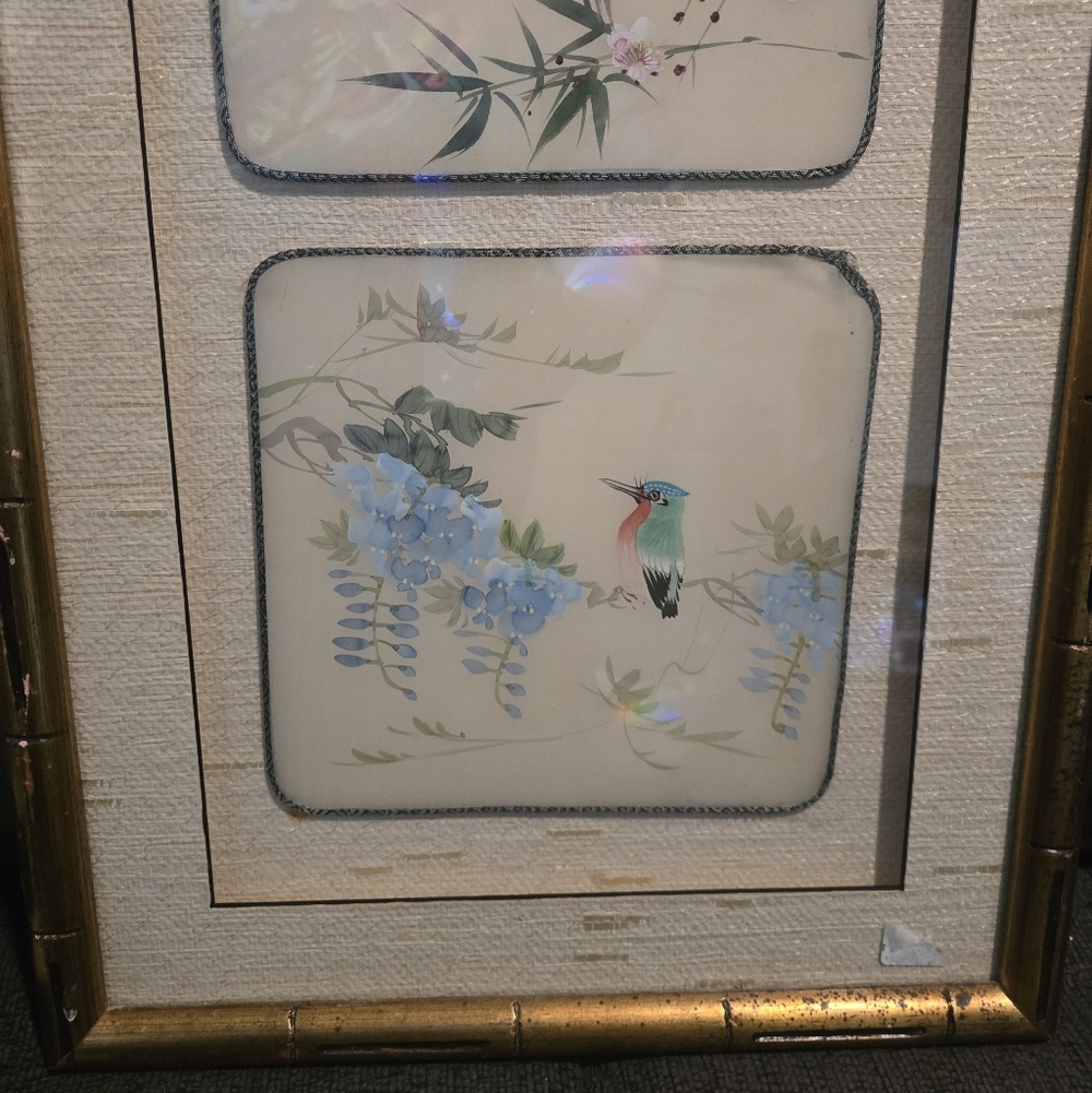 Gold Bamboo Framed Chinese Silk Bird Paintings - Picture 3 of 5